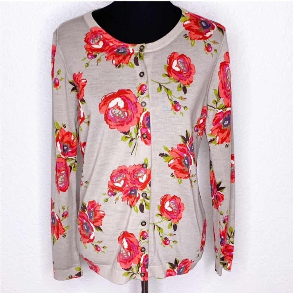 Boden taupe red rose floral wool button down cardigan sweater size 4